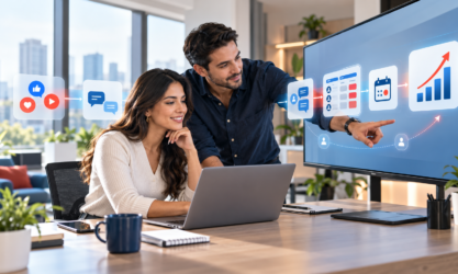Equipo implementando un sistema de redes sociales, CRM y seguimiento comercial